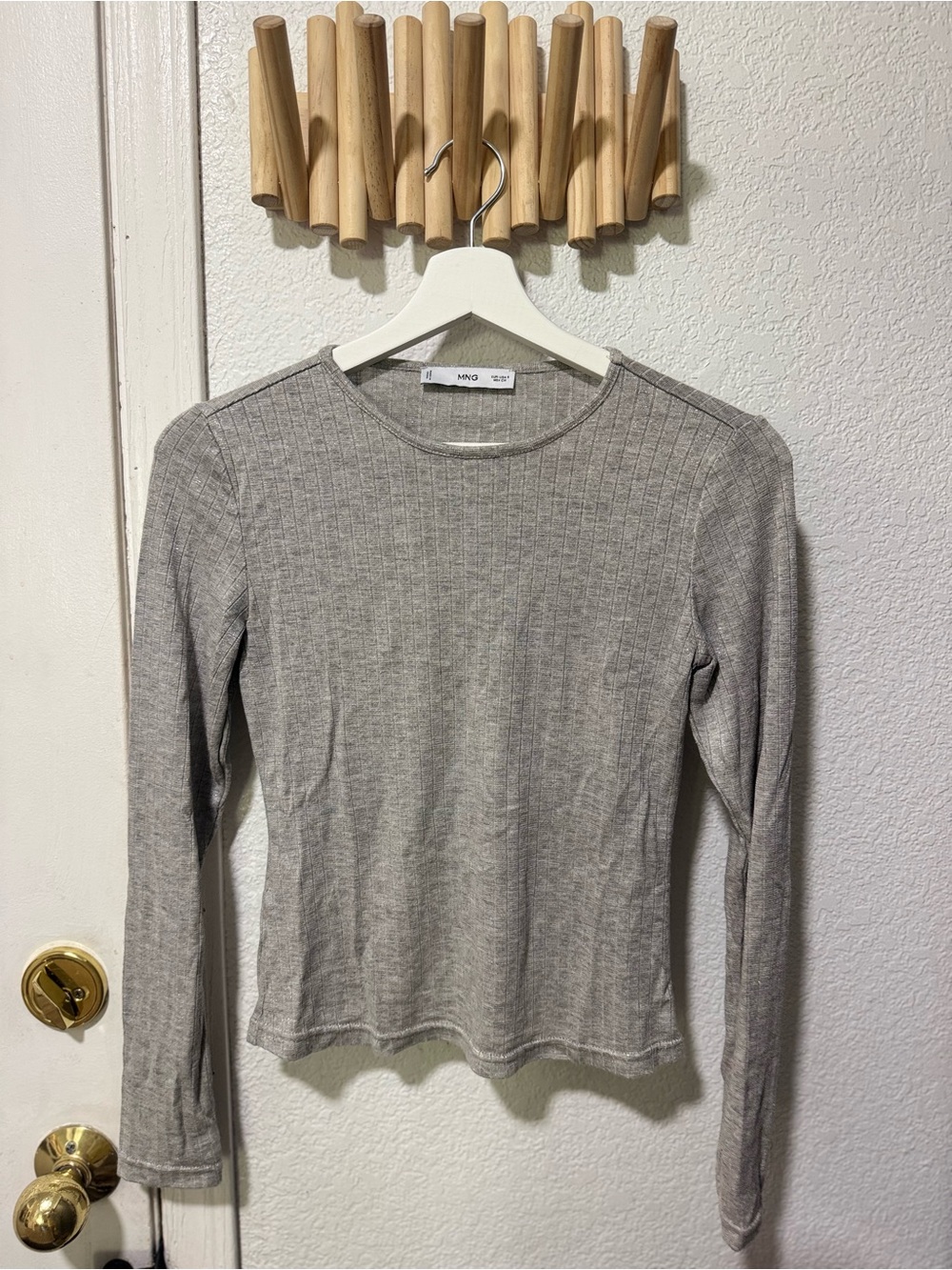 Mango Women's Gray with silver shimmer Ribbed Long-Sleeve Tee